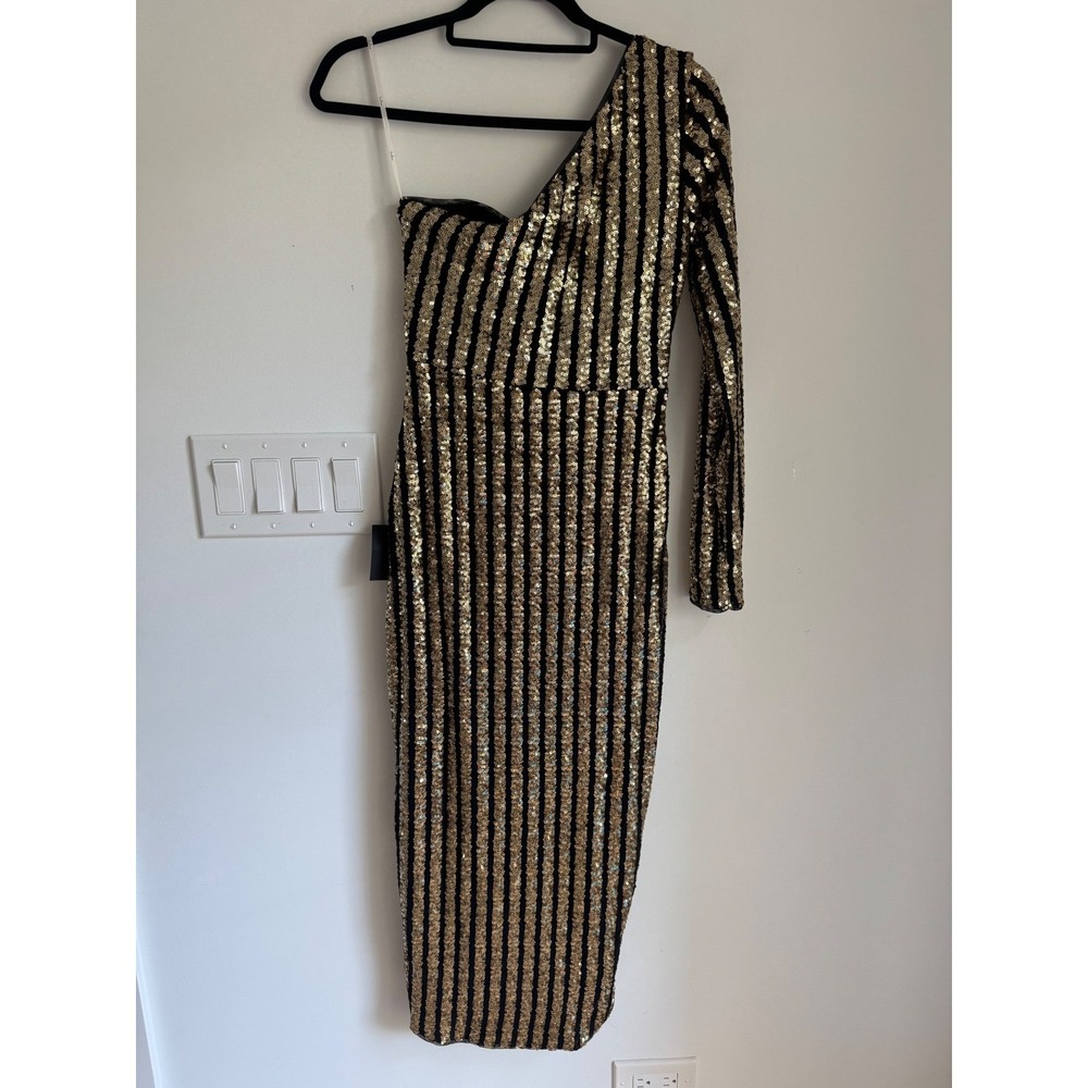 Lulus Gold Black Sequin One Shoulder Midi Dress Stripe Long Sleeve M NEW - Picture 13 of 16